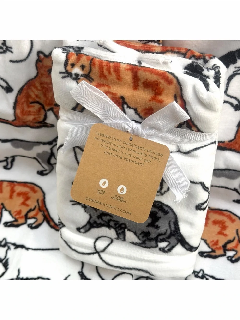 Deborah Connolly 4pc Cat Print Bath & Hand Towel Set White Orange Decor Gift NWT